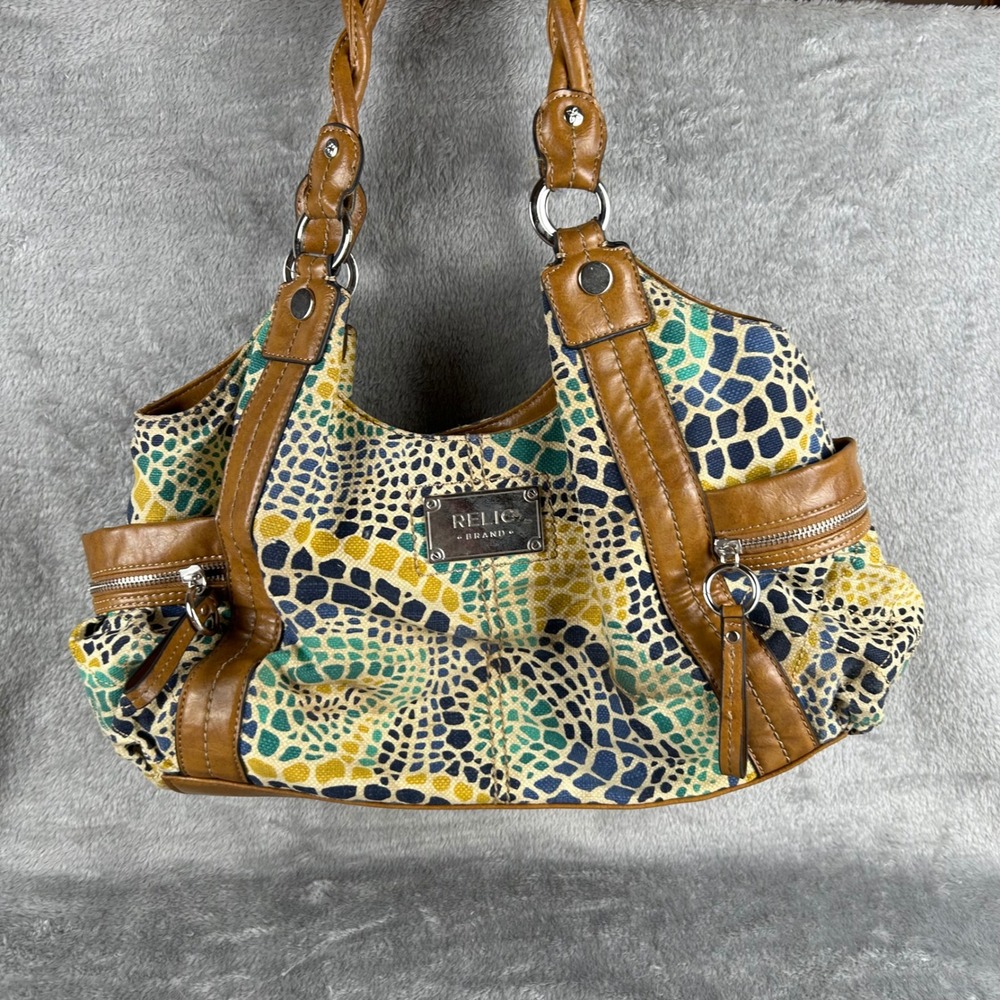 Relic Brand Multi Color Mosaic Print Canvas Hobo Shoulder Bag Brown Trim